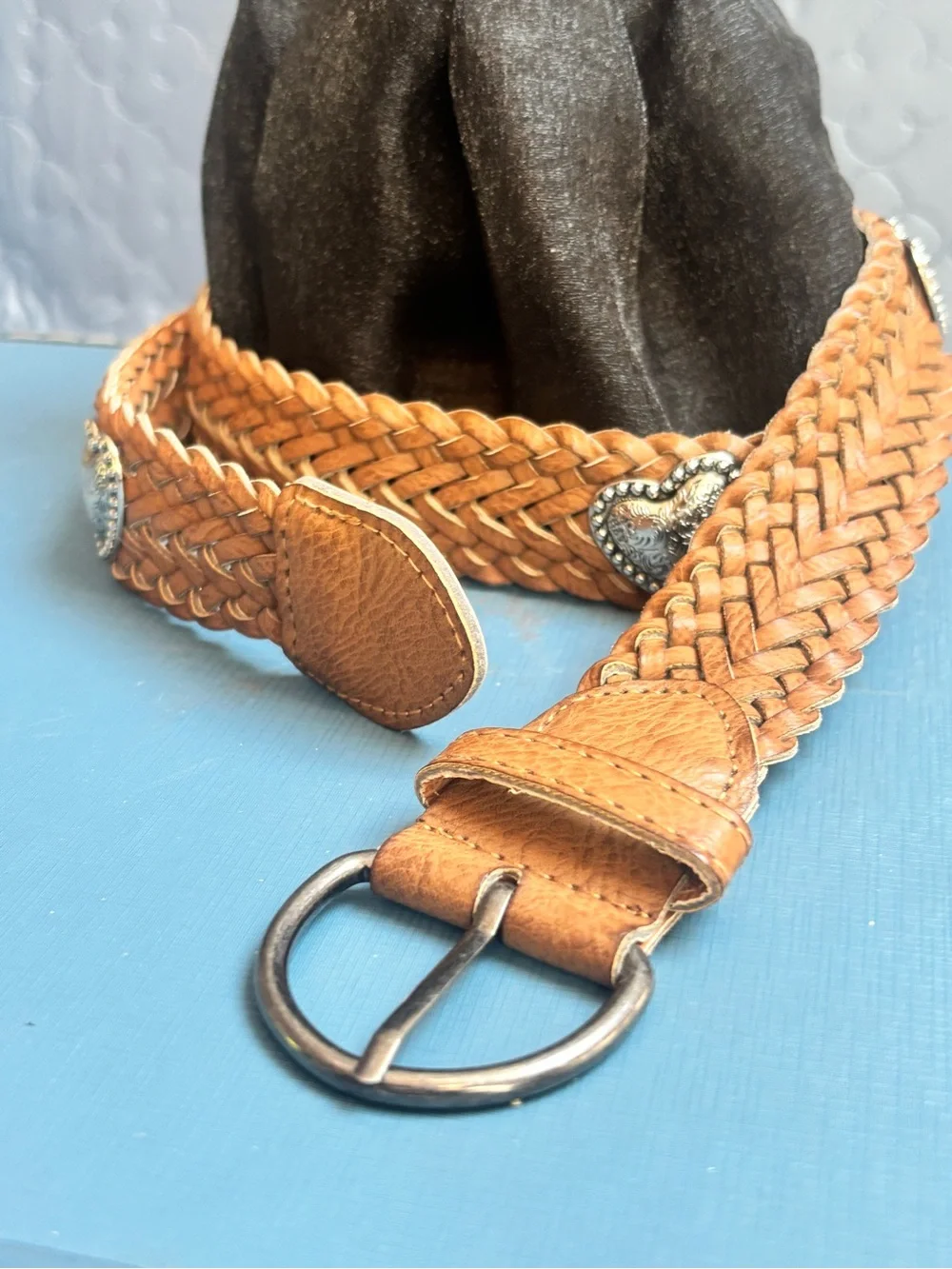 Brown Leather Weaved Southwestern Cowgirl Belt L With Silver Toned